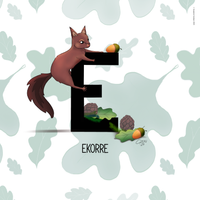 Illustrated squirrel with the letter E as Ekorre in the Swedish Alphabet