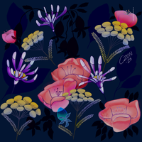 Autumn flowers in a pattern placed on a dark blue background