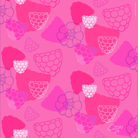 Raspberries in different sizes and shapes in a repetitive pattern on a pink background