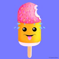 A pink/yellow ice-cream character is feeling hot