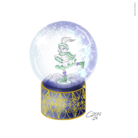 Sparkling golden snow globe with a dancing ice princess rabbit wearing green accessories